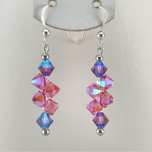 Beautiful Swarovski Sterling Pink and Purple White AB Beaded Dangle Earrings